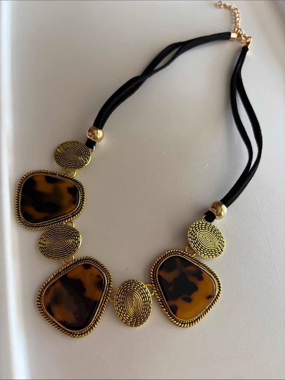Fashion Jewelry Gold-Tone Tortoiseshell Statement Necklace with Black Cord